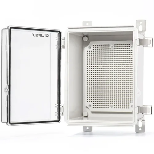 Vista 32 de QILIPSU - Caja de conexiones de acero inoxidable con tapa, bisagras y placa de montaje, universal, impermeable IP67, plástico ABS, gris, recinto