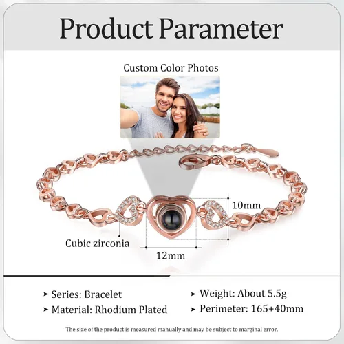 Vista 10 de Jeweidea Custom Bracelet with Picture Inside, Personalized Projection Heart Chain Link with Photo, Memorial Gifts for Women
