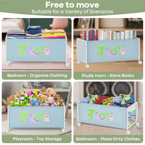 Vista 7 de Caja grande de juguetes para niños con ruedas, 120L Cajas de juguetes para niños extra grandes de metal y tela Oxford, cofre de juguetes organizador
