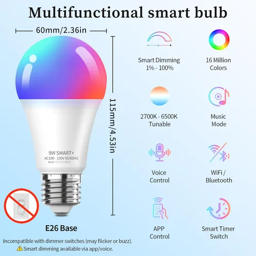 Vista 2 de Bombillas LED inteligentes Meliya, cambio de color regulable y temporización, WiFi y Bluetooth inteligentes, compatibles con Alexa y Google