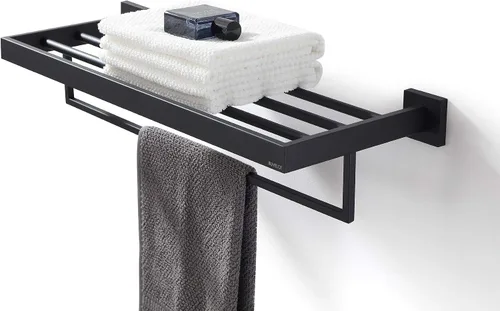 Vista 4 de Toallero, toallero para baño, toallero cuadrado moderno estilo hotel con estante, 24 pulgadas, negro mate, montado en la pared, sin montaje, serie