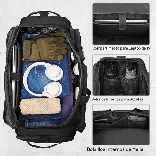 Vista 3 de G4Free Bolsa de lona 3 en 1 para viajes, gimnasio, deportes, mochila Negro