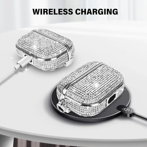 Vista 3 de LUVI Funda para AirPods 3 con diamantes de imitación brillantes y brillantes, bonita funda para niñas y mujeres, carga inalámbrica, piel de lujo