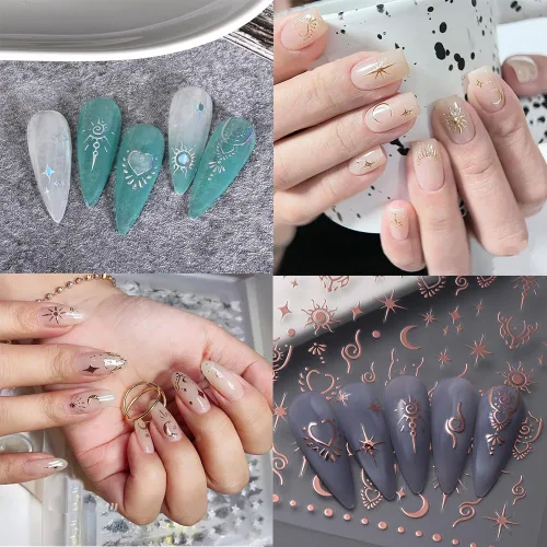 Vista 7 de 8 hojas de calcomanías para uñas de sol, luna, estrella para mujer, calcomanías láser 3D, oro rosa, plata, calcomanías para suministros de uñas