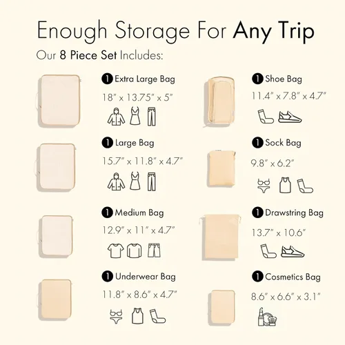 Vista 2 de Juego de 8 cubos de embalaje para viajes, no fabricados en China, bolsas organizadoras de equipaje y maleta, nailon ligero e impermeable, color beige
