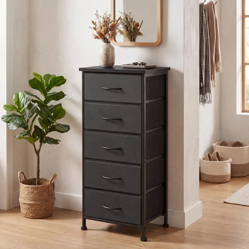 Vista 5 de Fixwal Cómoda negra alta y delgada para dormitorio, organizador de almacenamiento estrecho con 5 cajones de tela, muebles de mesita de noche