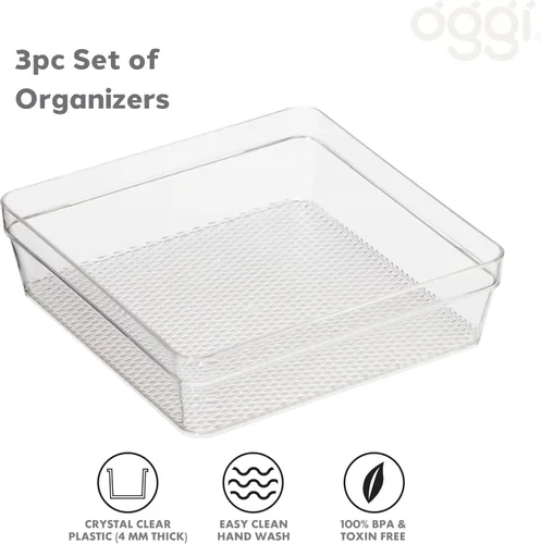 Vista 2 de Oggi Juego de 3 organizadores de cajones transparentes – (1) 6x6.25, (1) 6.25x9.25, (1) 6.25x15.75 – Ideal para organizar cajones de cocina
