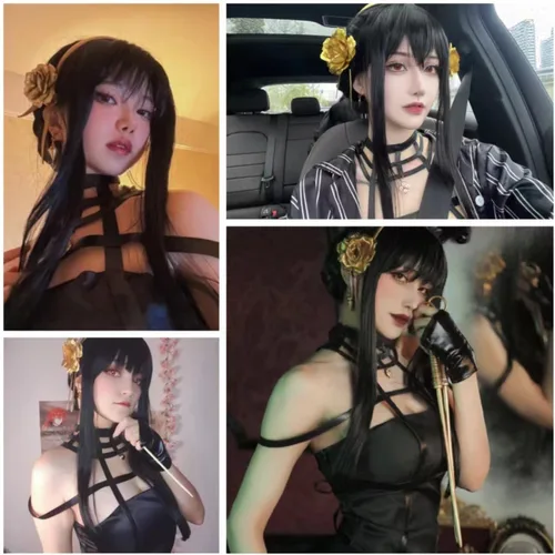 Vista 3 de Peluca larga de anime negro con flequillo y moño espina princesa asesina Peluca negra con moño