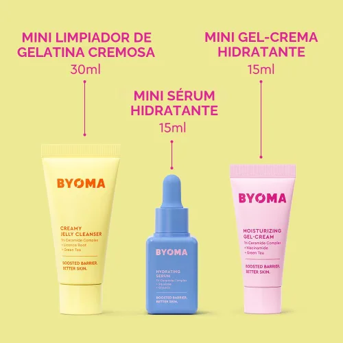 Vista 2 de BYOMA Set Tan Hidratante - Set de Reparación de Barrera para el Cuidado de la Piel - Limpiador Cremoso en Gel, Suero Facial Hidratante y Crema