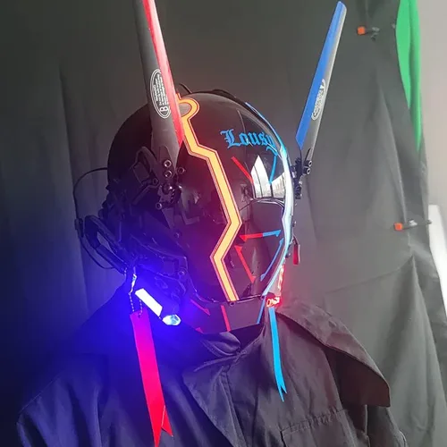 Vista 5 de KYEDAY Máscara punk para hombres, máscara de contraste de color rojo y azul, ropa técnica punk futurista, accesorios de fiesta de música, festivales