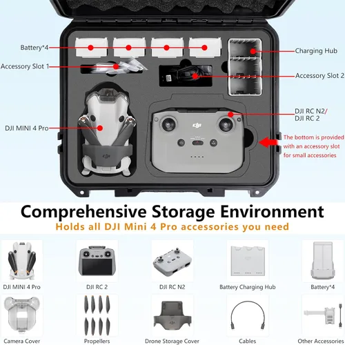 Vista 3 de Funda rígida para DJI Mini 4 Pro, funda de transporte impermeable con correa para todos los accesorios DJI Mini 4 Pro Fly More Combo Drone