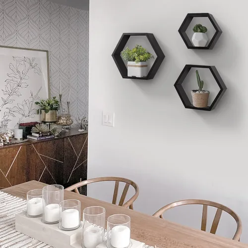 Vista 4 de AHDECOR Estantes flotantes hexagonales montados en la pared, organizador de pared de madera, estante colgante para decoración del hogar, juego de 3