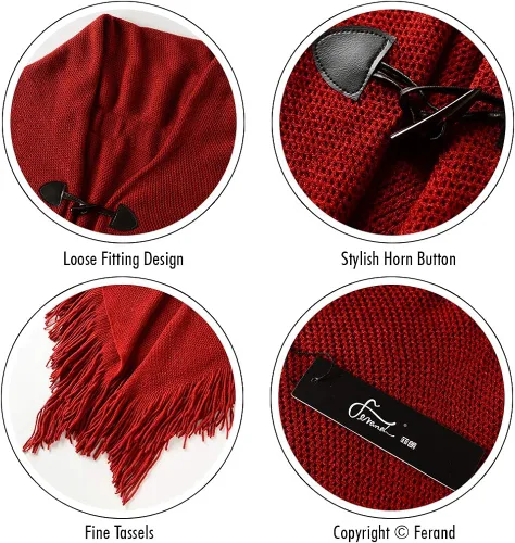 Vista 4 de Ferand Poncho de ajuste holgado para mujer con botones de cuerno elegantes, cuello en V y dobladillo en V
