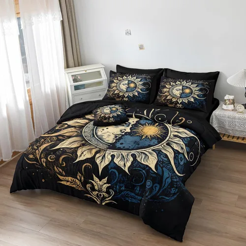 Vista 4 de Juego de edredón de sol y luna negro, juego de ropa de cama boho, ropa de cama de galaxia celestial y espacio estrellado, edredón mandala exótico