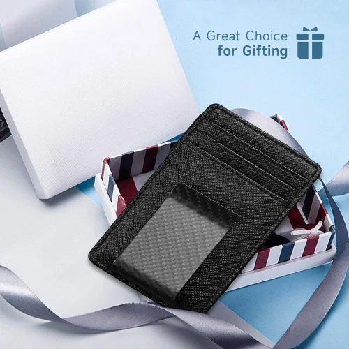 Vista 7 de Travelambo Clip para dinero para hombre, de piel, delgado, minimalista, con bloqueo RFID (tejido negro), Cros negros con clip mate, Minimalista