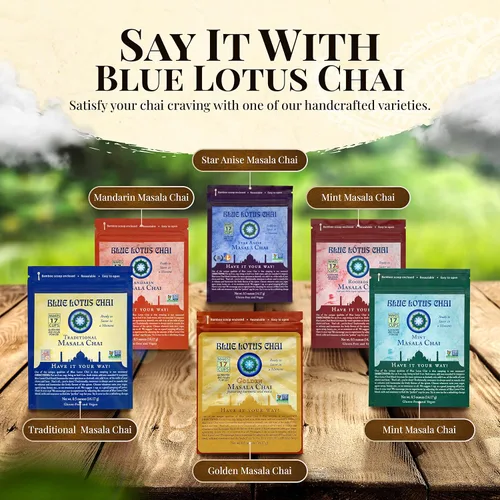 Vista 6 de Blue Lotus Chai - Golden Masala Flavor Chai - Hace 17 tazas - 0.5 onzas Masala Spiced Chai Powder con especias orgánicas - Té indio instantáneo sin