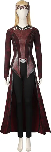 Vista 2 de LILLIWEEN Disfraz de Wanda Maximoff conjunto completo de disfraz de escarlata capa roja para Halloween cosplay