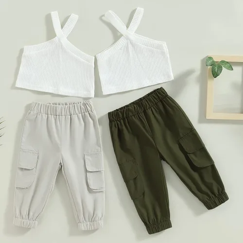 Vista 7 de Conjunto de ropa de verano para bebé niña, camiseta sin mangas + pantalones largos rectos, conjunto de ropa de 2 piezas de 1 a 6 años, Gris
