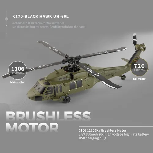 Vista 8 de Helicóptero RC K170 UH60L, helicóptero de control remoto para adultos principiantes, 2.4G 4CH RC Plane 6 ejes giroscopio altitud aeronaves militares