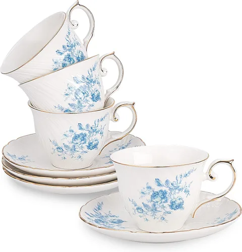 Vista 12 de Agyiuns tazas y platillos de cerámica para café, 6oz, taza de café para café, latte, café moca y té - Juego de 4 (Flores grandes - Juego de 4)