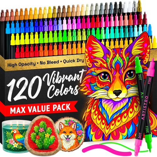 Vista 13 de ARTISTRO 5 marcadores negros de pintura acrílica de doble punta, juego de bolígrafos de pintura con puntos y puntas finas para tela, rocas, vidrio