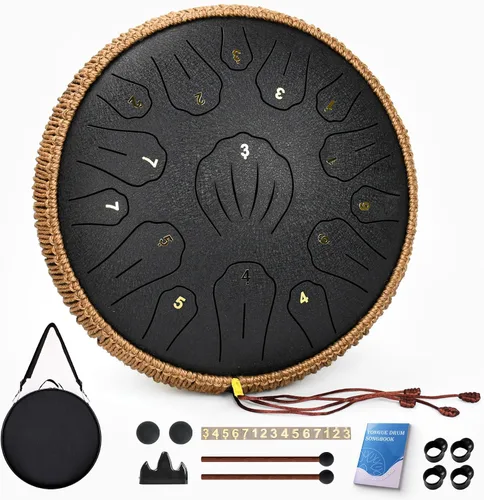 Vista 15 de Tambor de Lengua de Acero - 12 Pulgadas 15 Notas, Tambores de Lengua de Acero para Niños y Adultos, Handpan de Acero con Mazos, Hang Drum con Libro