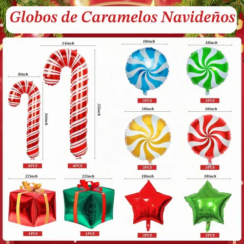 Vista 2 de 28 globos de papel de aluminio de Navidad de bastón de caramelo con cintas, globos de Mylar para decoración de fiestas