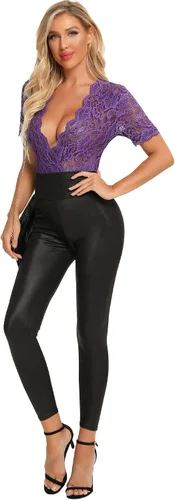 Vista 5 de Gladiolus Body de encaje sexy para mujer, cuello en V profundo, entrepierna a presión, manga corta, tallas S-XXXL