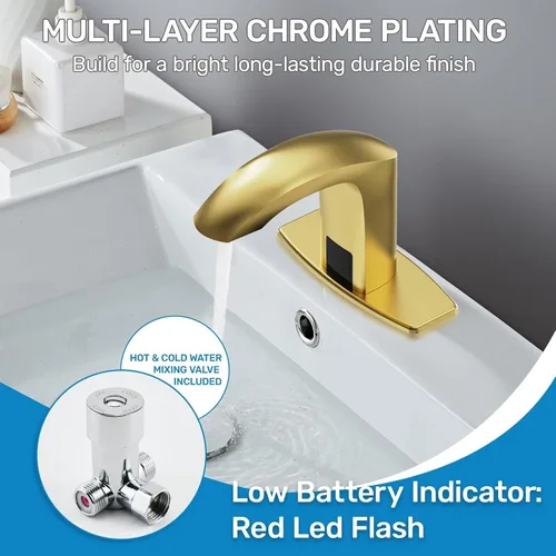Vista 4 de Grifo de lavabo de baño sin contacto, sensor automático, funciona con pilas para 1 o 3 agujeros, oro cepillado