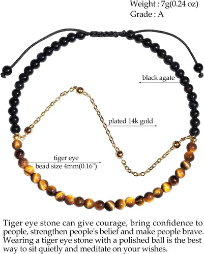 Vista 4 de Jewever Pulsera tobillera con diseño de ojo de tigre en capas y ágata negra para mujer, cadena chapada en oro de 14 quilates, antiansiedad, yoga