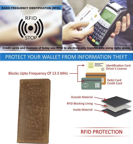 Vista 6 de Mou Meraki Cartera larga plegable de cuero genuino para hombre con bloqueo RFID