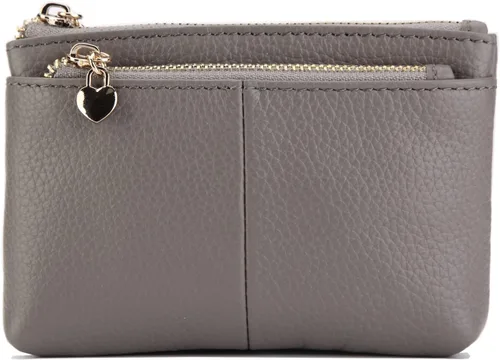 Vista 14 de Mini monedero con cremallera de cuero genuino para mujer, con llavero con triple cremallera, tarjetero Negro