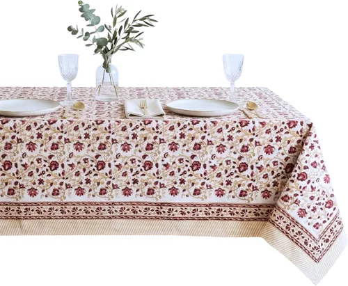 Vista 42 de ATOSII Amalfi - Mantel redondo de verano 100% algodón, estampado en bloques, para comedor, bodas, exteriores, fiestas, I Grand Millenial Farmhouse