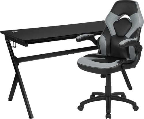 Vista 79 de Flash Furniture Juego de escritorio para juegos negro y silla de carreras blanco/negro con soporte para tazas, gancho para auriculares y soporte