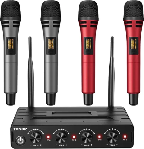 Vista 12 de TONOR Sistema de Micrófono Inalámbrico, Juego de 4 Micrófonos de Mano Inalámbricos UHF de 10 Canales con Auriculares/Micrófonos de Solapa Lavalier