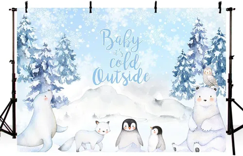 Vista 2 de MEHOFOND Telón de fondo de invierno de 7 x 5 pies para baby shower, fondo exterior con acuarela azul, animales árticos, pingüino, baby shower
