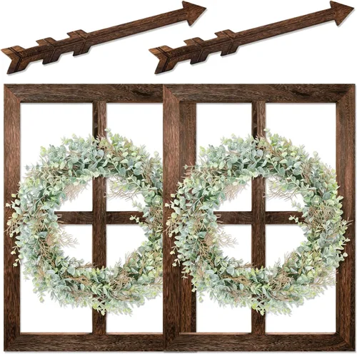 Vista 8 de Marco de ventana de madera rústica con corona verde y flechas para decoración de pared, marco de ventana estilo granja colgante, decoración falsa