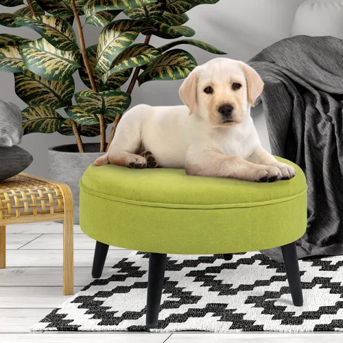 Vista 10 de Adeco Otomana redonda pequeña, otomana tapizada de terciopelo, con botones, reposapiés, asiento acolchado con patas de madera, moderno reposapiés