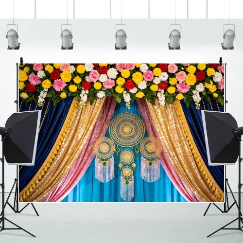 Vista 5 de Renaiss Telón de fondo indio Pooja de 5 x 3 pies, cortina de matrimonio de flores coloridas de macramé, caléndula de macramé, fondo de fotografía