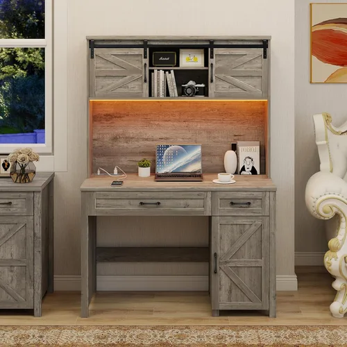 Vista 10 de Escritorio ejecutivo de granja de 67 pulgadas de alto con gabinete, mesa de oficina con luz LED y 4 cajones, escritorio para computadora