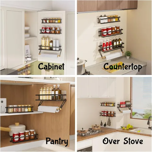 Vista 4 de Soporte de pared para especias, negro, paquete de 3 Paper Towel Holder and Hooks, Screw or Adhesive Hanging, Space Saving, For Seasonings, Stove