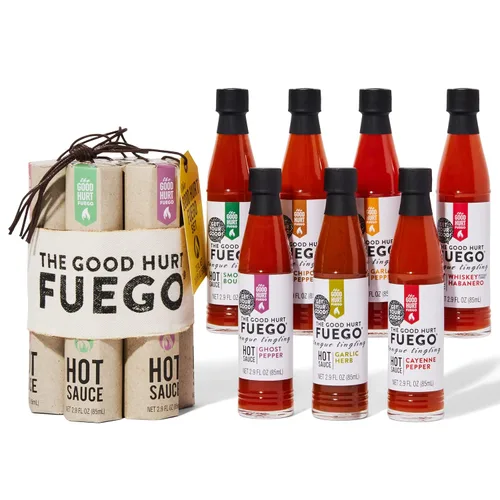 Vista 9 de The Good Hurt Fuego, juego de regalo de muestra de salsa picante, incluye 7 botellas en sabores exóticos, paquete variado de salsa picante