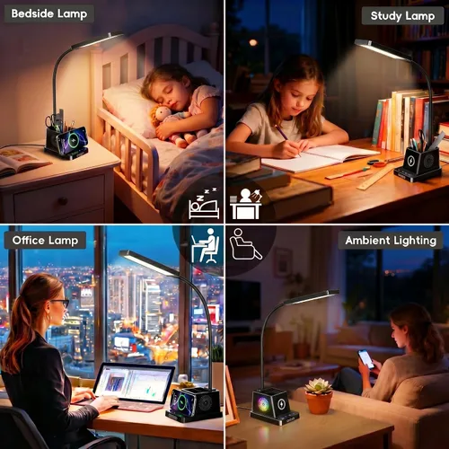 Vista 6 de Lámpara de escritorio LED Cozoo para hogar y oficina, lámpara de escritorio brillante de 15W con cargador inalámbrico y soporte para bolígrafos