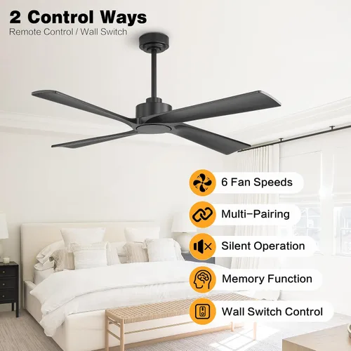 Vista 3 de WINGBO Ventilador de techo CC de 48 pulgadas sin luces, 4 aspas de madera maciza tallada, motor CC reversible de 6 velocidades, ventilador de techo