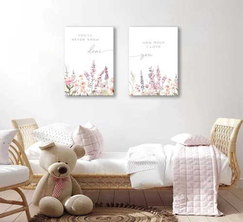 Vista 3 de 2 piezas de lienzo de flores silvestres para guardería, arte de pared, frases botánicas, pinturas bohemias para guardería, habitación de bebé