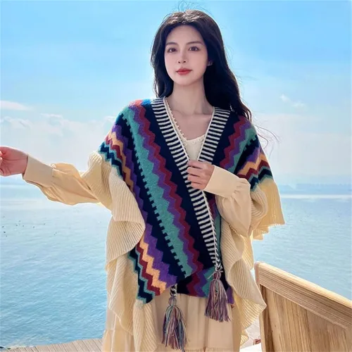Vista 7 de SXLINGDO Poncho cruzado frontal tipo suéter de punto elegante capa de chales, cárdigan bohemio con borla para mujer