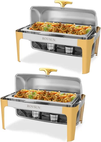 Vista 2 de ROVSUN Juego de platos de bufé con tapa enrollable de 9 cuartos de galón, con detalles dorados, de acero inoxidable rectangular para catering