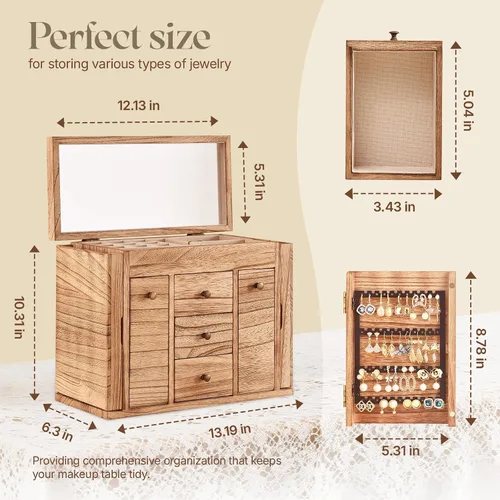 Vista 2 de Joyero organizador, cajas de joyería de madera maciza para mujeres con espejo, caja organizadora de joyas grande para exhibir aretes, collar