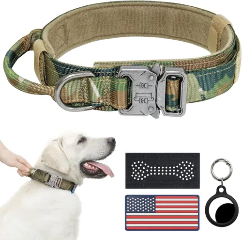 Vista 8 de Collar táctico para perro, collar con camuflaje digital para perros grandes, collar militar K9 ajustable y resistente con asa, con la bandera