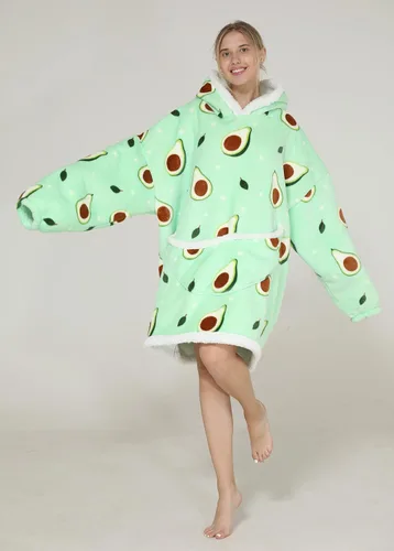 Vista 3 de Manta con capucha de gran tamaño, manta portátil para adultos, mujeres y hombres, suave, cálida, cómoda, Sherpa TV, Verde aguacate